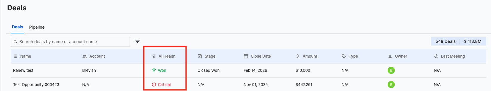 AI Health in Deals page